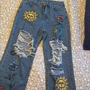 Embroidered Distressed Blue Jeans